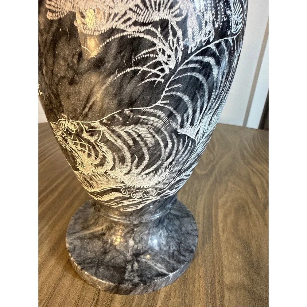 Vintage Hand Carved Marble Vase Home Decor 12.5in Grey Etched Tiger Pine Tree
